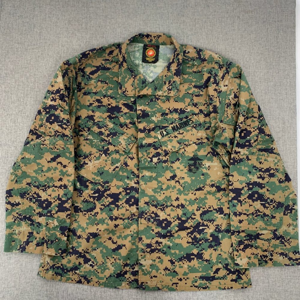 Men's Marine Camo Jacket Button Down Medium Short Green Black Brown Cotton Nylon
